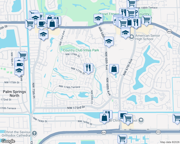 map of restaurants, bars, coffee shops, grocery stores, and more near 6901 Northwest 179th Street in Hialeah