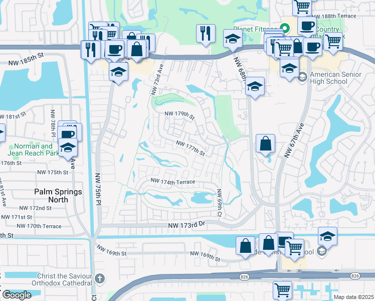 map of restaurants, bars, coffee shops, grocery stores, and more near 58 Northwest 177th Street in Hialeah