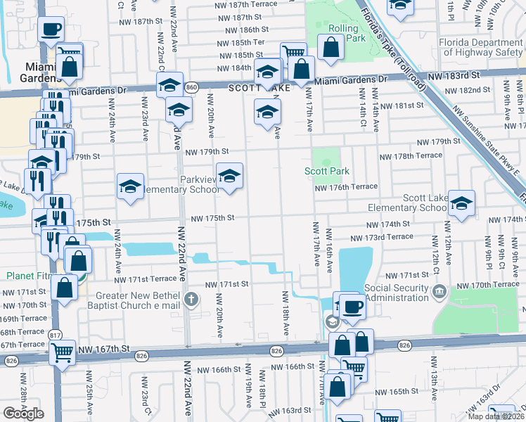 map of restaurants, bars, coffee shops, grocery stores, and more near 1845 Northwest 175th Street in Miami Gardens