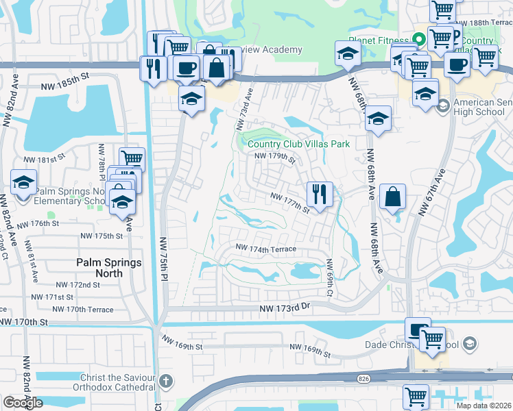 map of restaurants, bars, coffee shops, grocery stores, and more near 7150 Northwest 177th Street in Hialeah