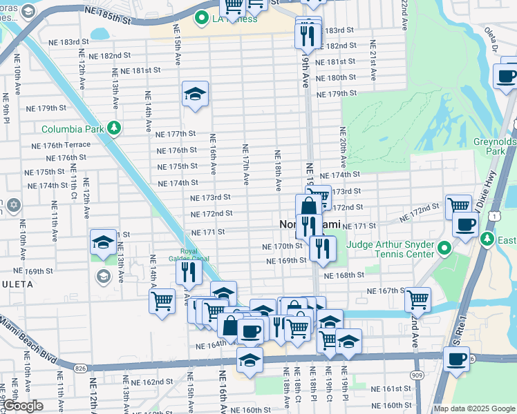 map of restaurants, bars, coffee shops, grocery stores, and more near 1710 Northeast 173rd Street in North Miami Beach