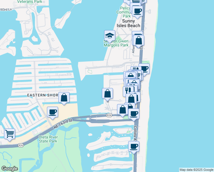 map of restaurants, bars, coffee shops, grocery stores, and more near 17100 North Bay Road in Sunny Isles Beach