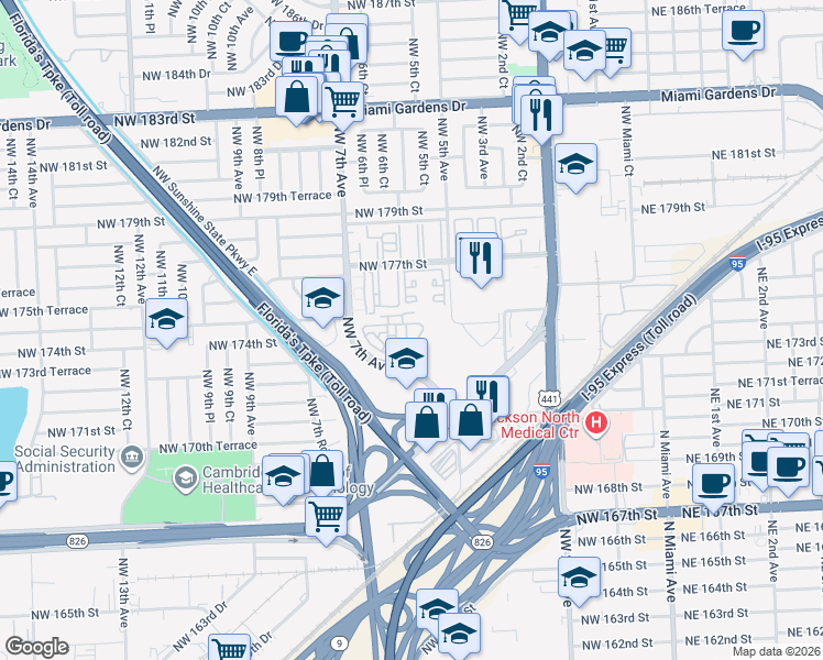 map of restaurants, bars, coffee shops, grocery stores, and more near 17337 Northwest 7th Avenue in Miami
