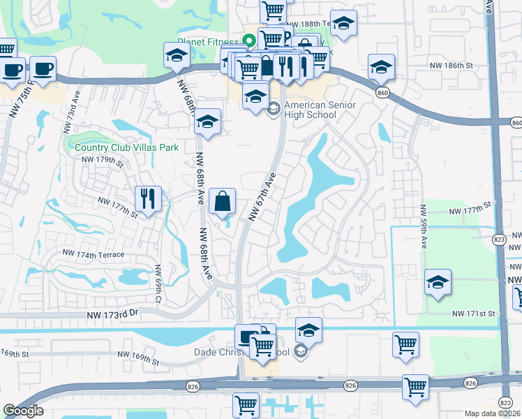map of restaurants, bars, coffee shops, grocery stores, and more near 17750 Northwest 67th Avenue in Hialeah