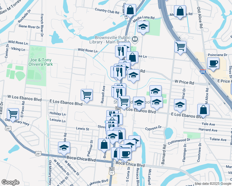 map of restaurants, bars, coffee shops, grocery stores, and more near 2101-2155 Central Boulevard in Brownsville