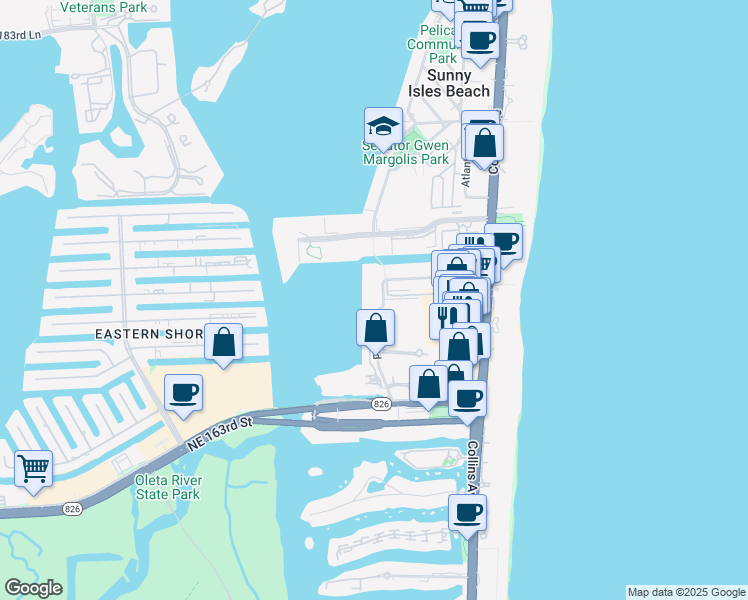 map of restaurants, bars, coffee shops, grocery stores, and more near 17100 North Bay Road in Sunny Isles Beach
