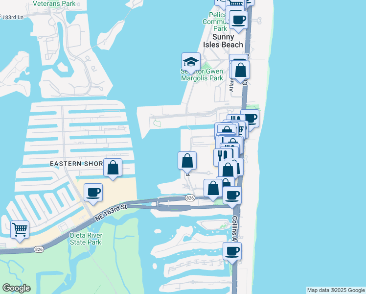 map of restaurants, bars, coffee shops, grocery stores, and more near 17100 North Bay Road in Sunny Isles Beach