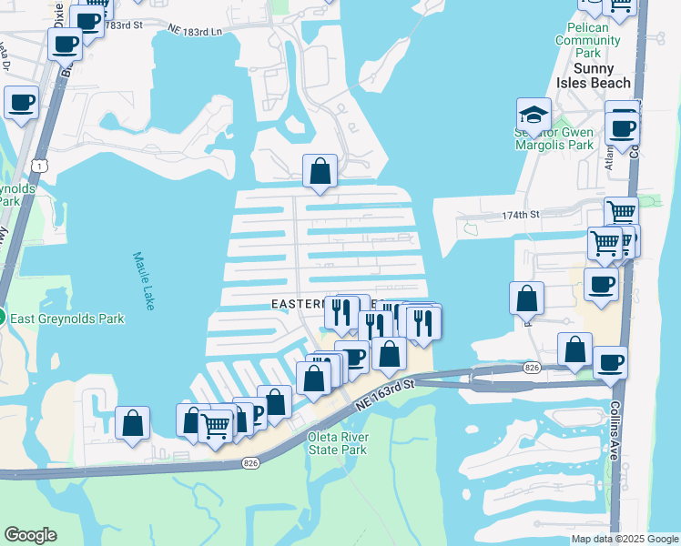 map of restaurants, bars, coffee shops, grocery stores, and more near 3651 Northeast 168th Street in North Miami Beach