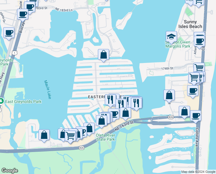map of restaurants, bars, coffee shops, grocery stores, and more near 3651 Northeast 168th Street in North Miami Beach