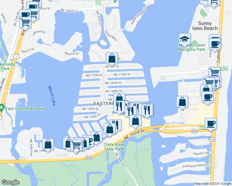 map of restaurants, bars, coffee shops, grocery stores, and more near 3651 Northeast 168th Street in North Miami Beach