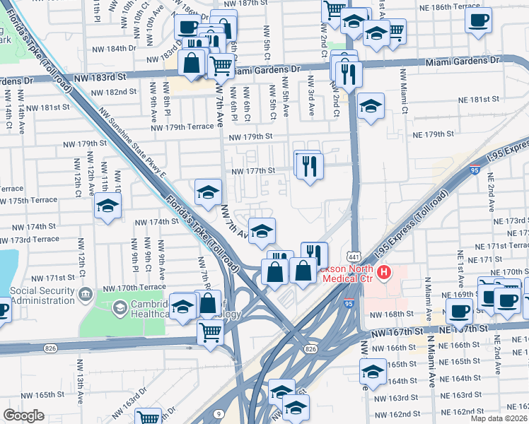 map of restaurants, bars, coffee shops, grocery stores, and more near 17337 Northwest 7th Avenue in Miami