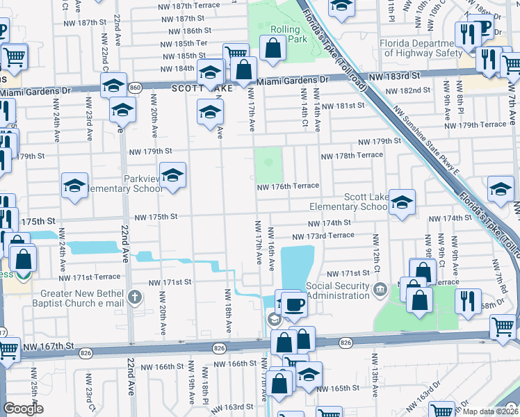 map of restaurants, bars, coffee shops, grocery stores, and more near 17580 Northwest 17th Avenue in Miami Gardens