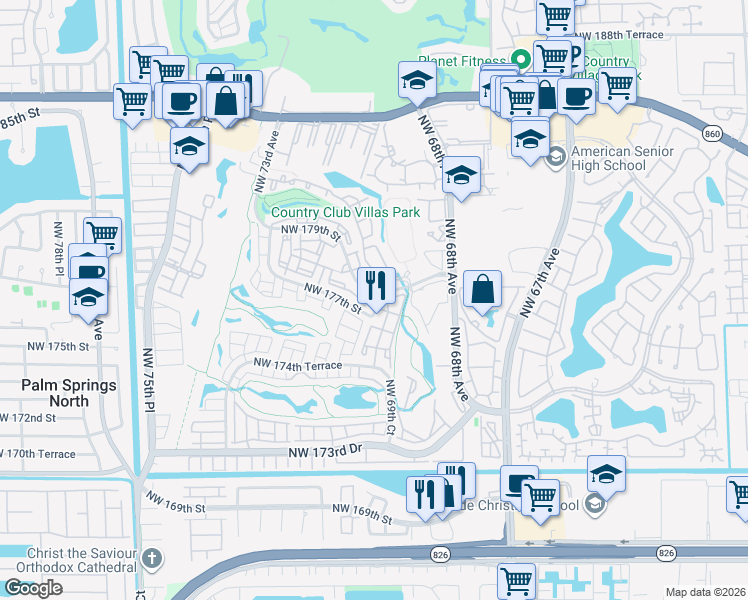 map of restaurants, bars, coffee shops, grocery stores, and more near 7012 Northwest 179th Street in Hialeah