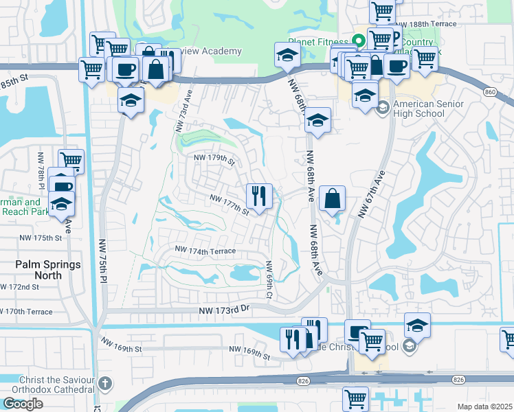 map of restaurants, bars, coffee shops, grocery stores, and more near 7012 Northwest 179th Street in Hialeah