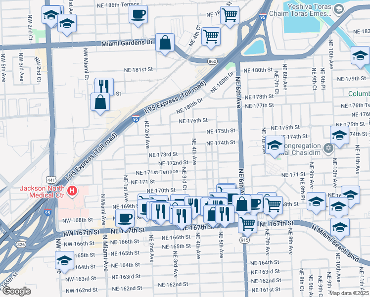 map of restaurants, bars, coffee shops, grocery stores, and more near 17400 Northeast 4th Avenue in North Miami Beach