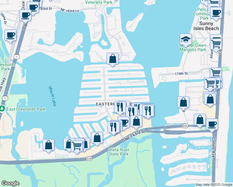 map of restaurants, bars, coffee shops, grocery stores, and more near 3626 Northeast 168th Street in North Miami Beach