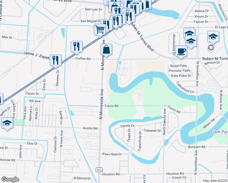 map of restaurants, bars, coffee shops, grocery stores, and more near 5625 Travis Road in Brownsville