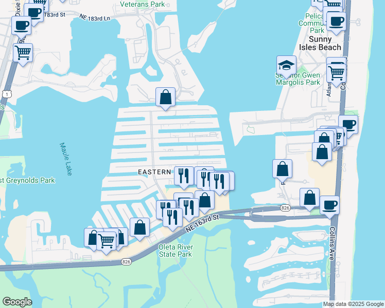 map of restaurants, bars, coffee shops, grocery stores, and more near 3800 Northeast 168th Street in North Miami Beach