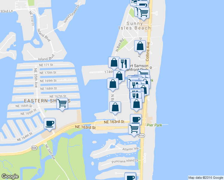 map of restaurants, bars, coffee shops, grocery stores, and more near 17100 North Bay Road in Sunny Isles Beach
