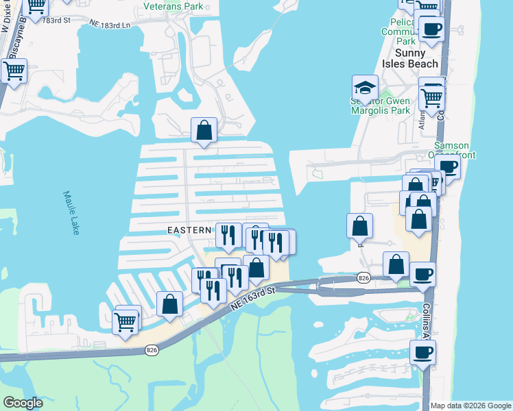 map of restaurants, bars, coffee shops, grocery stores, and more near 3855 Northeast 168th Street in North Miami Beach