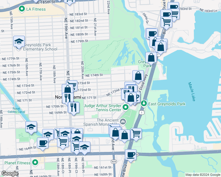 map of restaurants, bars, coffee shops, grocery stores, and more near 2166 Northeast 173rd Street in North Miami Beach