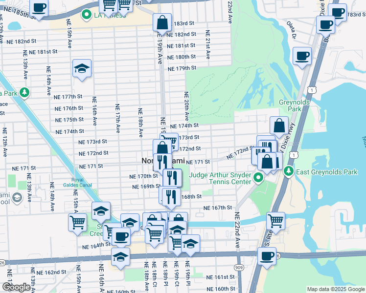 map of restaurants, bars, coffee shops, grocery stores, and more near 1940 Northeast 173rd Street in North Miami Beach