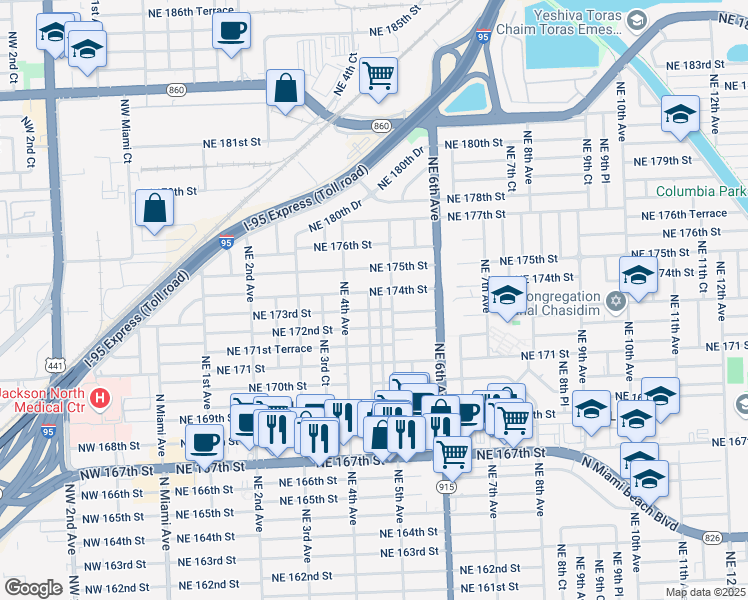 map of restaurants, bars, coffee shops, grocery stores, and more near 451 Northeast 174th Street in North Miami Beach