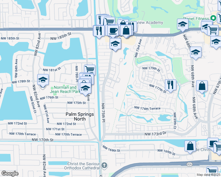 map of restaurants, bars, coffee shops, grocery stores, and more near 17826 Northwest 74th Court in Hialeah