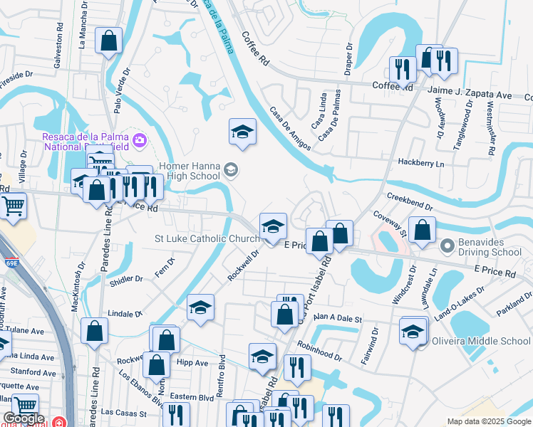 map of restaurants, bars, coffee shops, grocery stores, and more near 2675 East Price Road in Brownsville