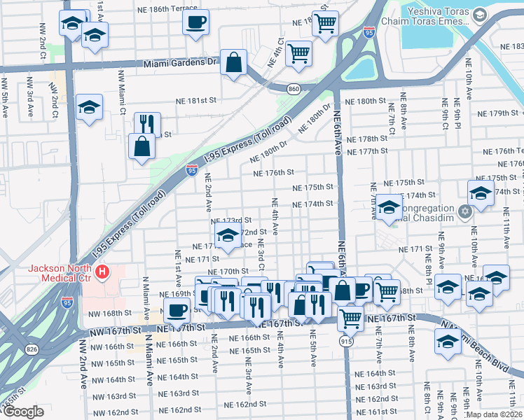 map of restaurants, bars, coffee shops, grocery stores, and more near 17400 Northeast 4th Avenue in North Miami Beach