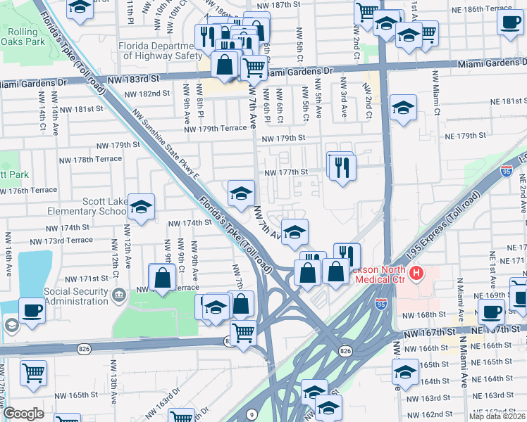 map of restaurants, bars, coffee shops, grocery stores, and more near 701 Northwest 175th Street in Miami