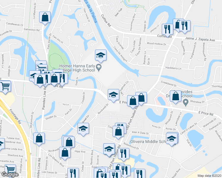 map of restaurants, bars, coffee shops, grocery stores, and more near 2675 East Price Road in Brownsville