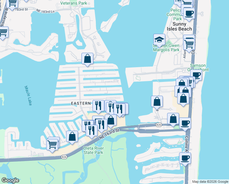 map of restaurants, bars, coffee shops, grocery stores, and more near 3855 Northeast 168th Street in North Miami Beach