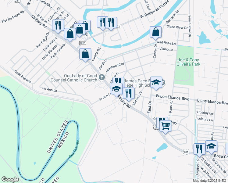 map of restaurants, bars, coffee shops, grocery stores, and more near 855 Military Highway in Brownsville