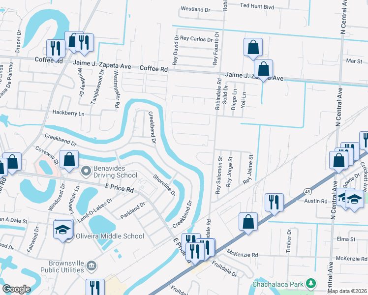 map of restaurants, bars, coffee shops, grocery stores, and more near 3876 Magali Circle in Brownsville