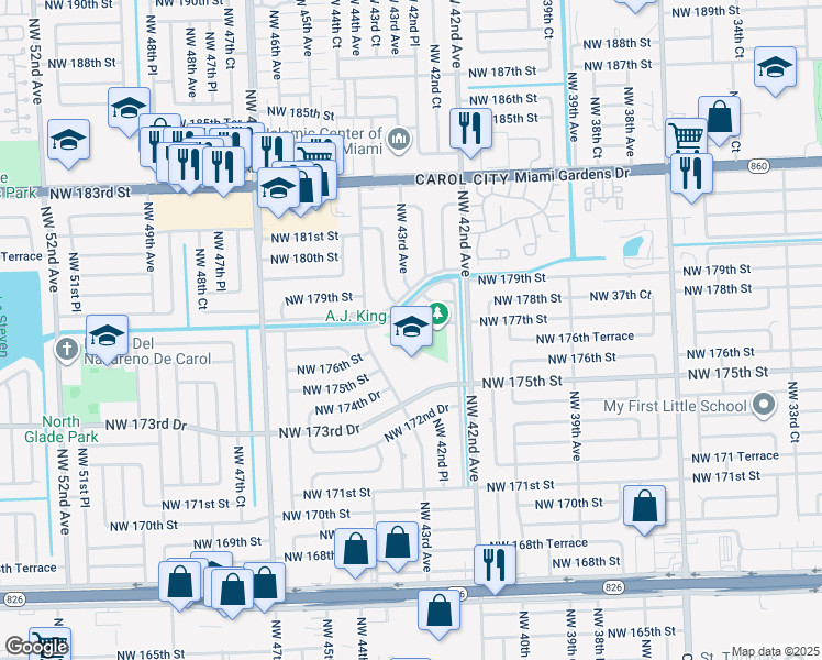 map of restaurants, bars, coffee shops, grocery stores, and more near 4230 Northwest 178th Street in Miami Gardens
