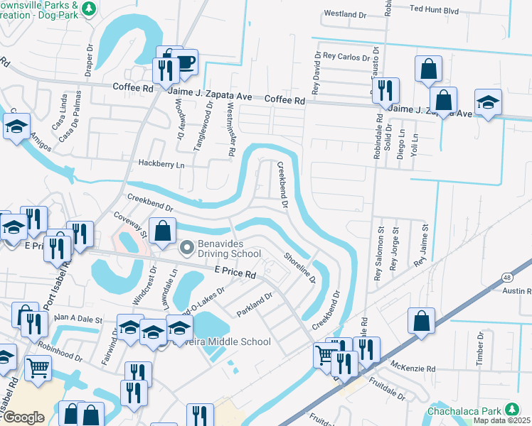 map of restaurants, bars, coffee shops, grocery stores, and more near 4-14 Thornhill Trail in Brownsville