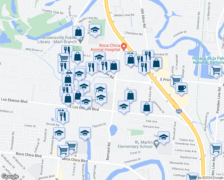map of restaurants, bars, coffee shops, grocery stores, and more near 2103 Barnard Road in Brownsville