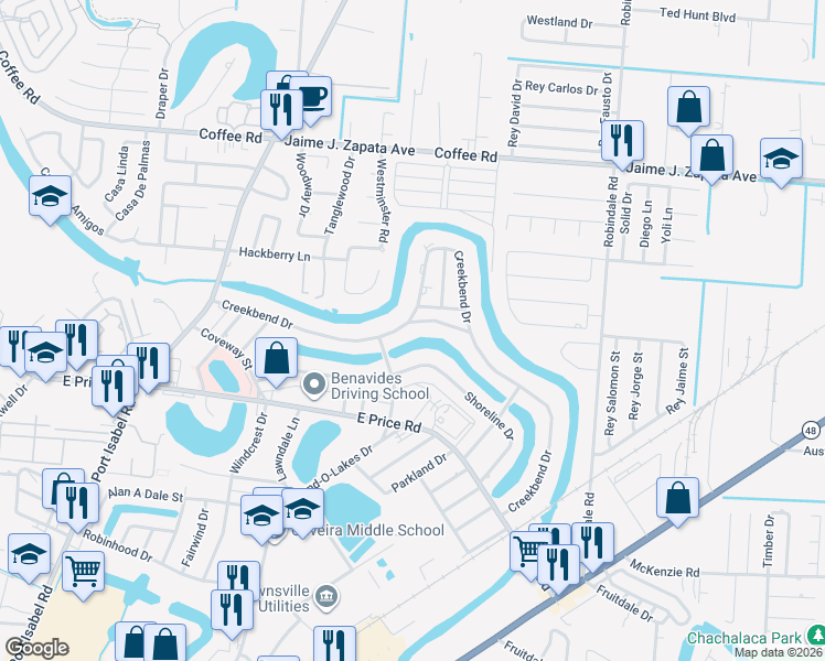 map of restaurants, bars, coffee shops, grocery stores, and more near 4 Thornhill Trail in Brownsville