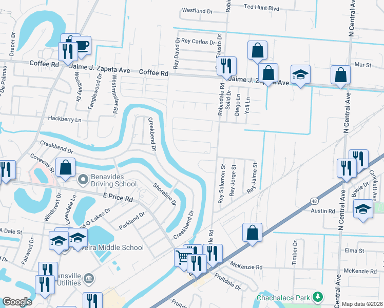 map of restaurants, bars, coffee shops, grocery stores, and more near 3876 Magali Circle in Brownsville