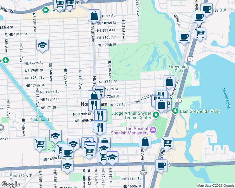 map of restaurants, bars, coffee shops, grocery stores, and more near 2020 Northeast 173rd Street in North Miami Beach