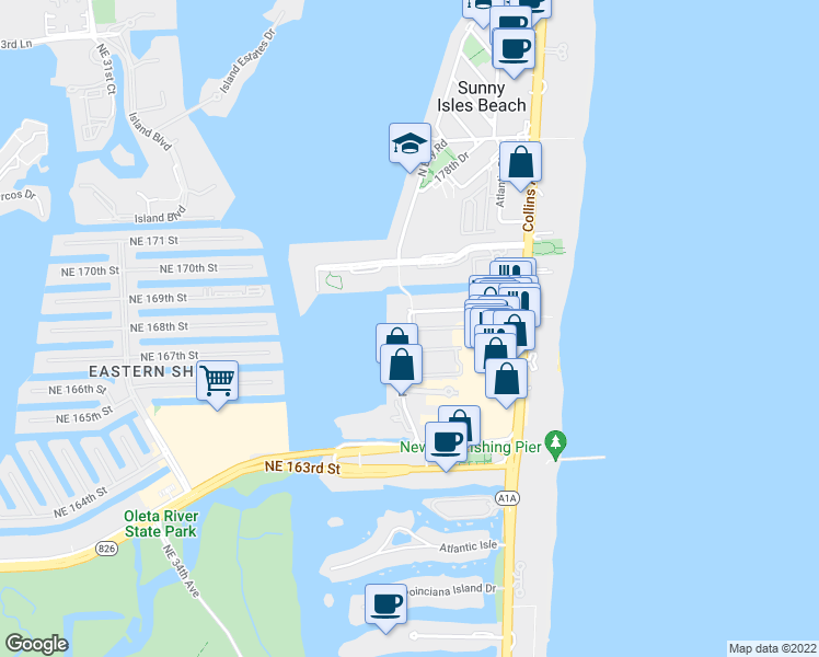 map of restaurants, bars, coffee shops, grocery stores, and more near 210 172nd Street in Sunny Isles Beach