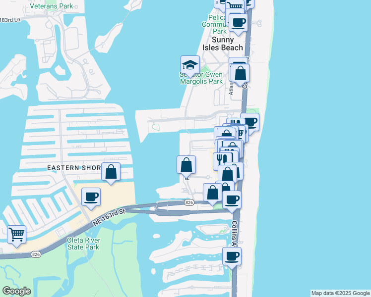 map of restaurants, bars, coffee shops, grocery stores, and more near 17100 North Bay Road in Sunny Isles Beach