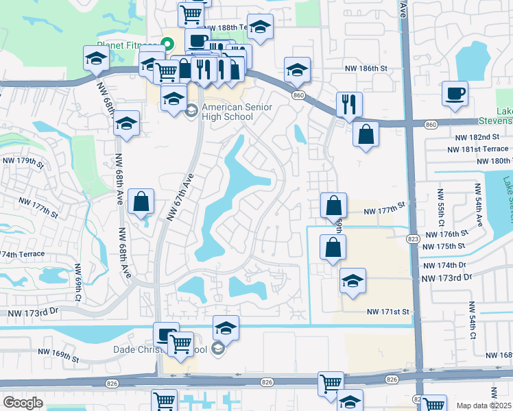 map of restaurants, bars, coffee shops, grocery stores, and more near 6329 Northwest 175th Terrace in Hialeah