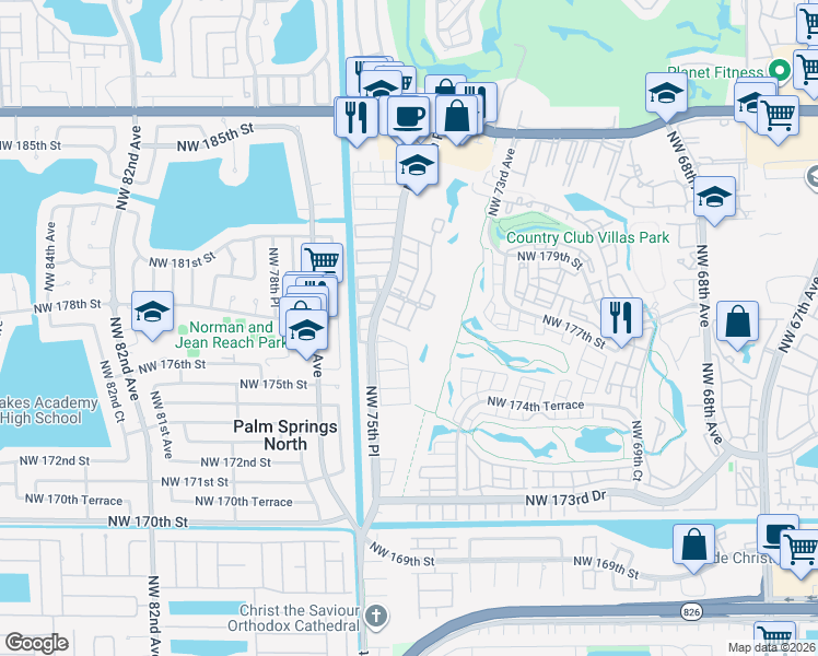 map of restaurants, bars, coffee shops, grocery stores, and more near 17826 Northwest 74th Court in Hialeah