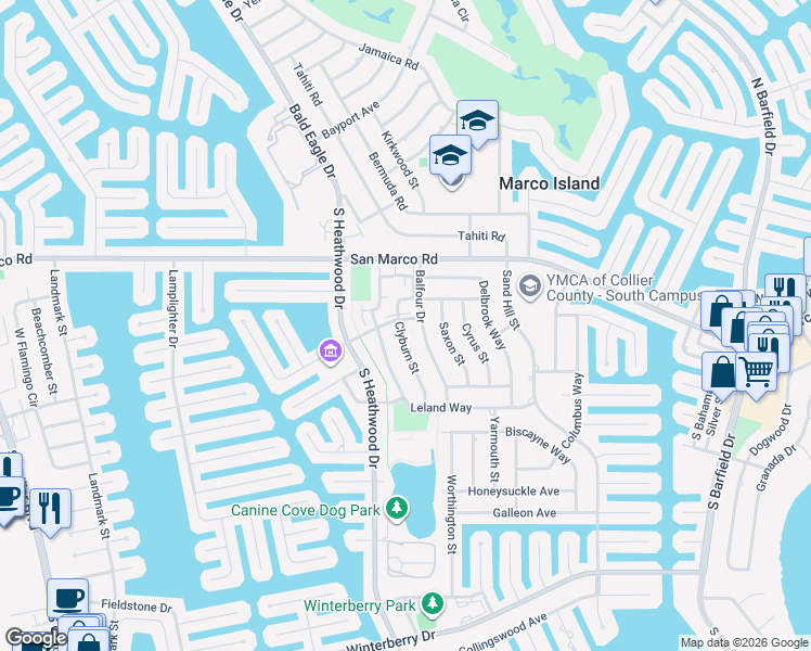 map of restaurants, bars, coffee shops, grocery stores, and more near 119 Balfour Drive in Marco Island