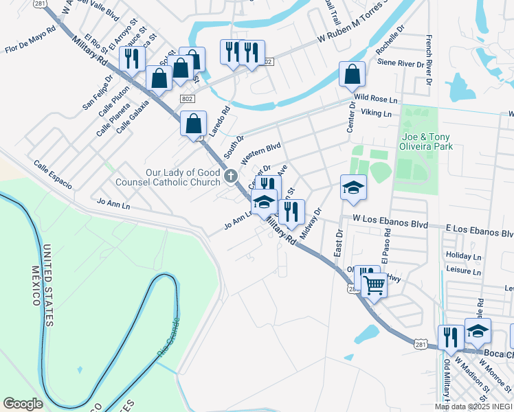 map of restaurants, bars, coffee shops, grocery stores, and more near 1-35 Kennedy Avenue in Brownsville