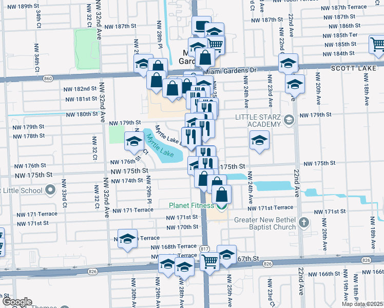 map of restaurants, bars, coffee shops, grocery stores, and more near 17560 Northwest 27th Avenue in Miami Gardens