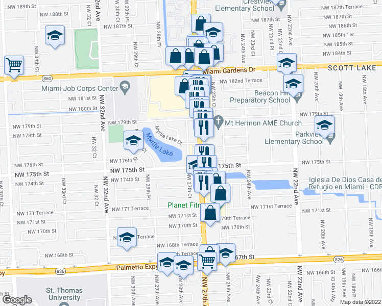 map of restaurants, bars, coffee shops, grocery stores, and more near 17560 Northwest 27th Avenue in Miami Gardens