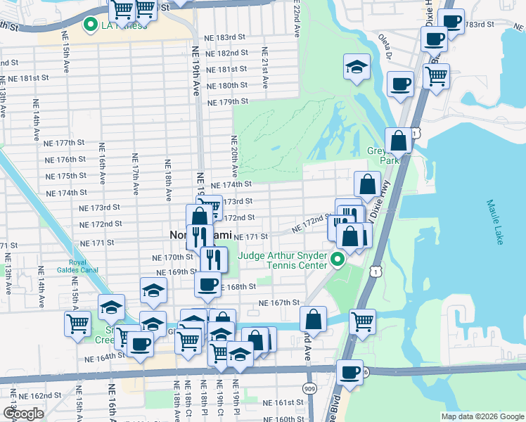 map of restaurants, bars, coffee shops, grocery stores, and more near 17250 Northeast 21st Avenue in North Miami Beach